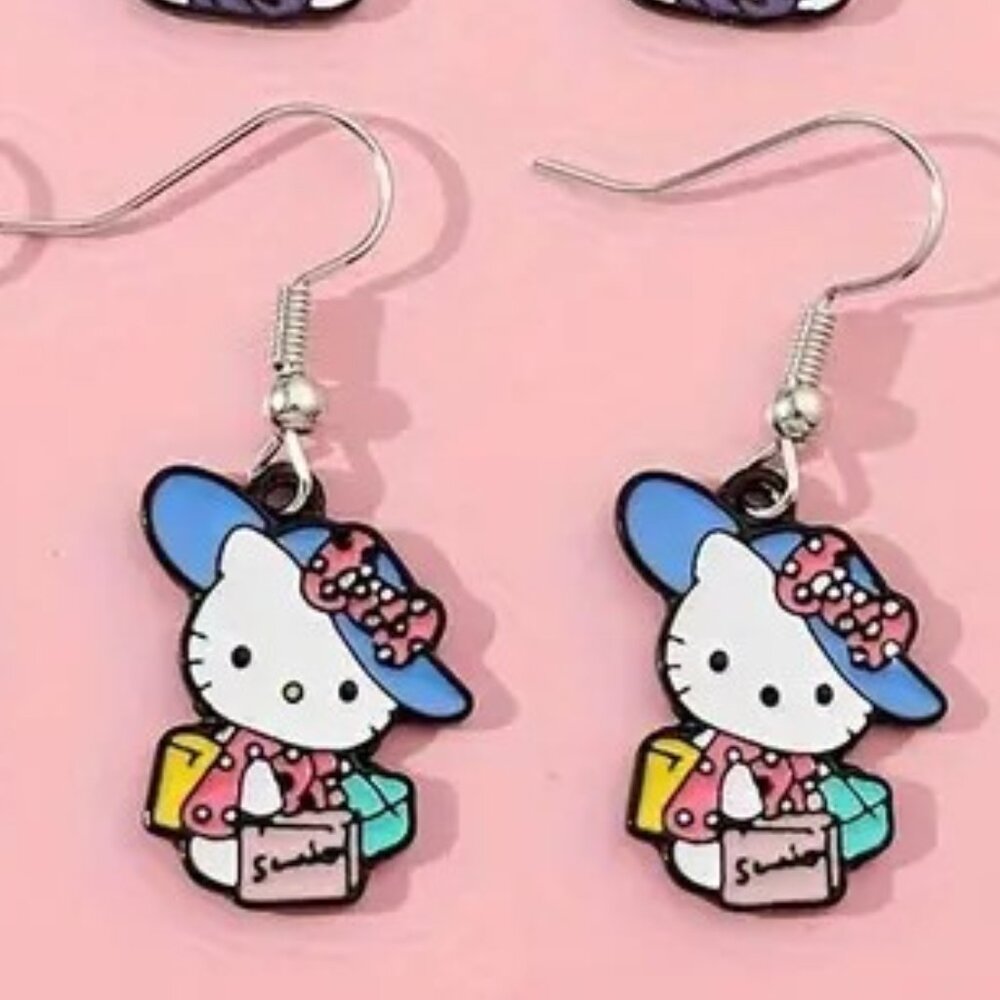 Sanrio Hello Kitty Earrings Enamel Glam Hat Dangle Silver Tone Goth Emo Scene
